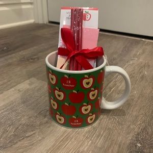 Number one teacher apple mug with sticky notes and pencils